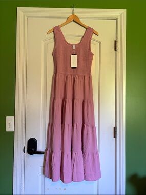 Pretty Garden Tiered Pink Maxi Dress with Smocked Bodice. Medium